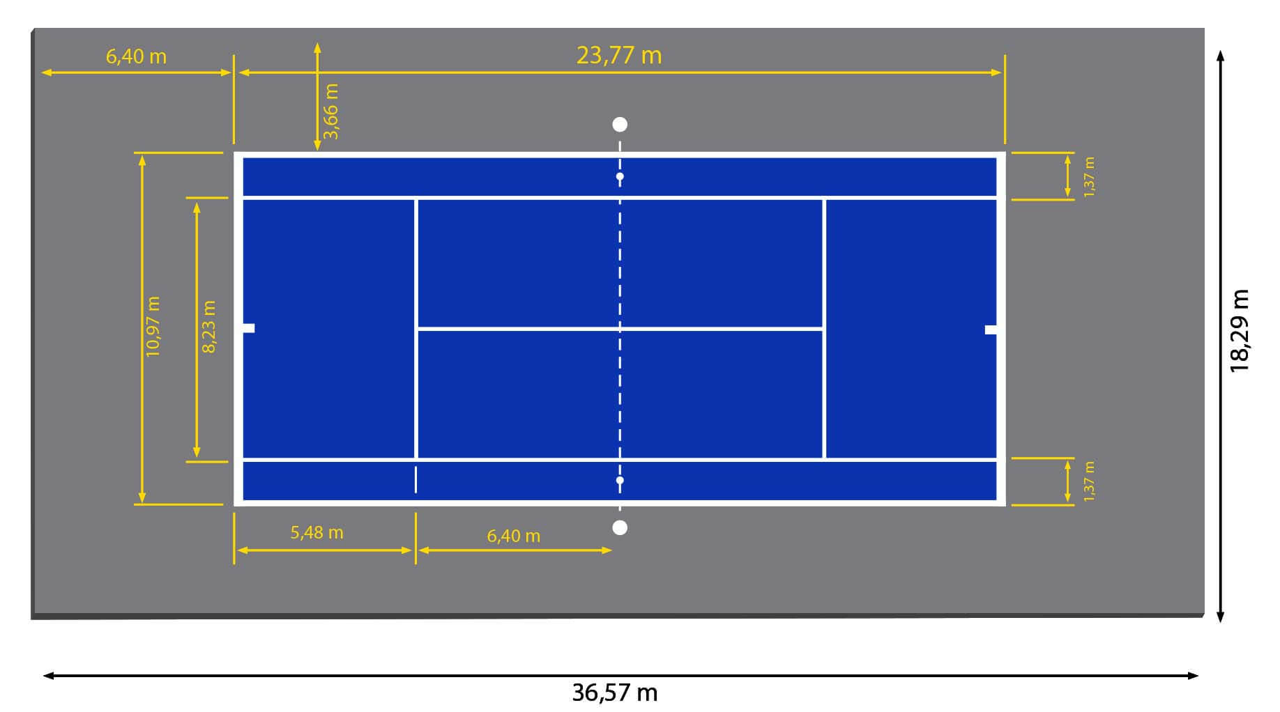 Kích thước đầy đủ sân Tennis tiêu chuẩn thi đấu Quốc tế là bao nhiêu?